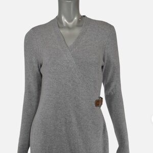 Lauren Ralph Lauren Grey Wool Wrap Leather Buckle Sweater Dress
